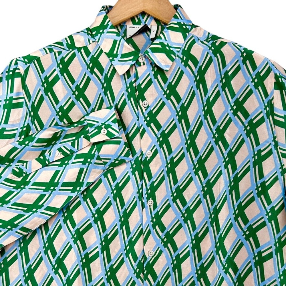 ASOS DESIGN Regular Block Standard Collar Satin Abstract Geo Print Shirt Green